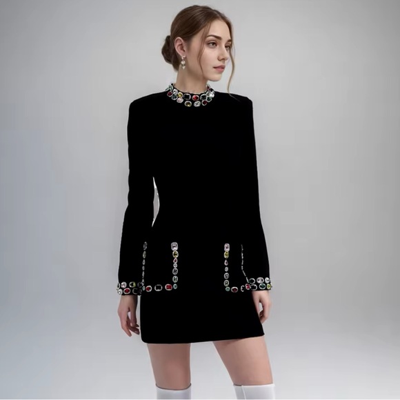NEW WOMENS EMBELLISHED MINI BLACK DRESS - Picture 2 of 7